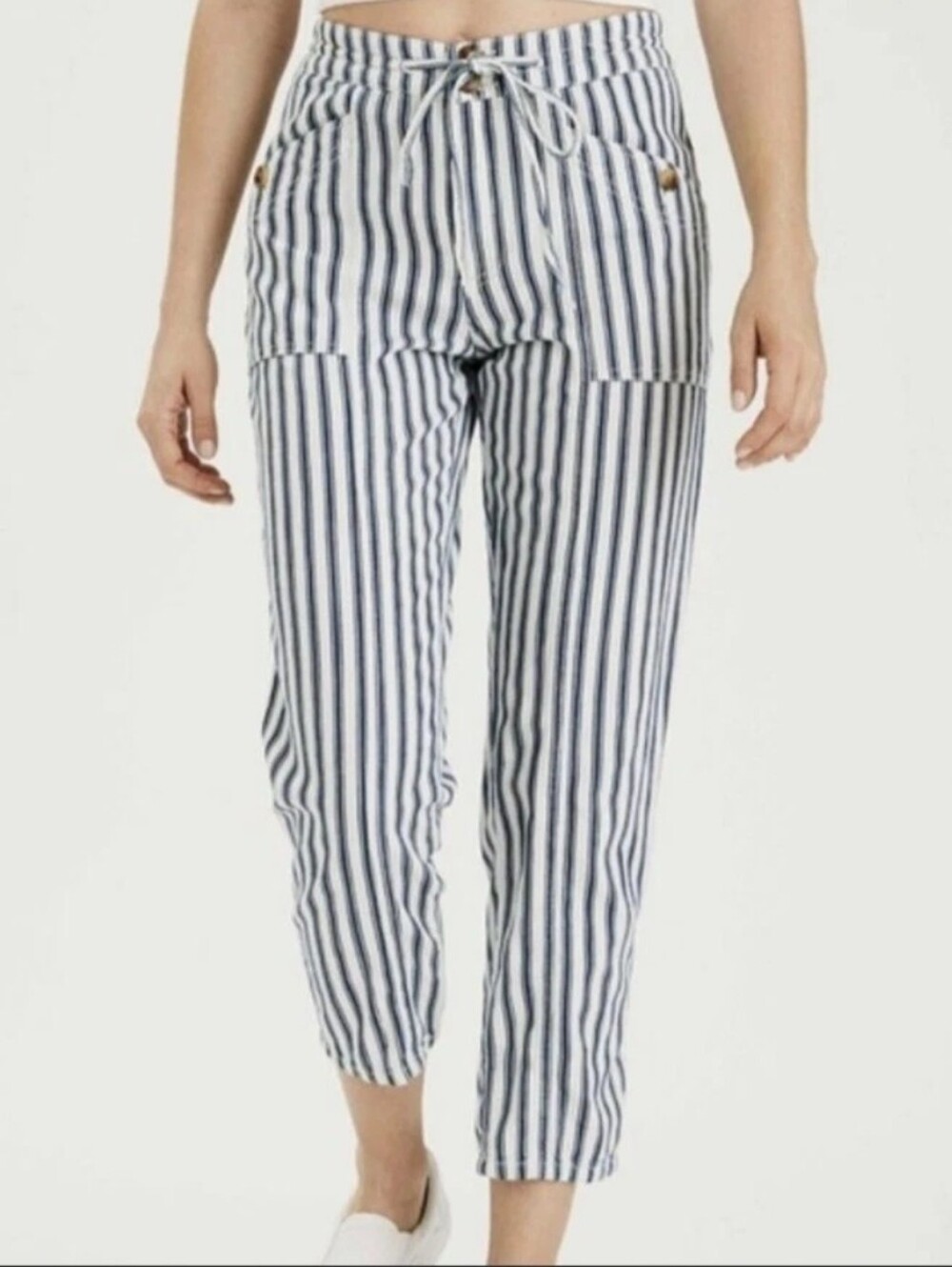American Eagle Womens 10 Hi-Rise Taper Pants Blue White Stripes Boho Coastal NEW